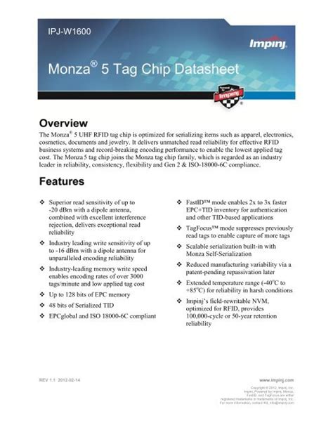 monza5 pet rfid jewelry tag|Monza 5 Tag Chip Datasheet – Impinj Support Portal.